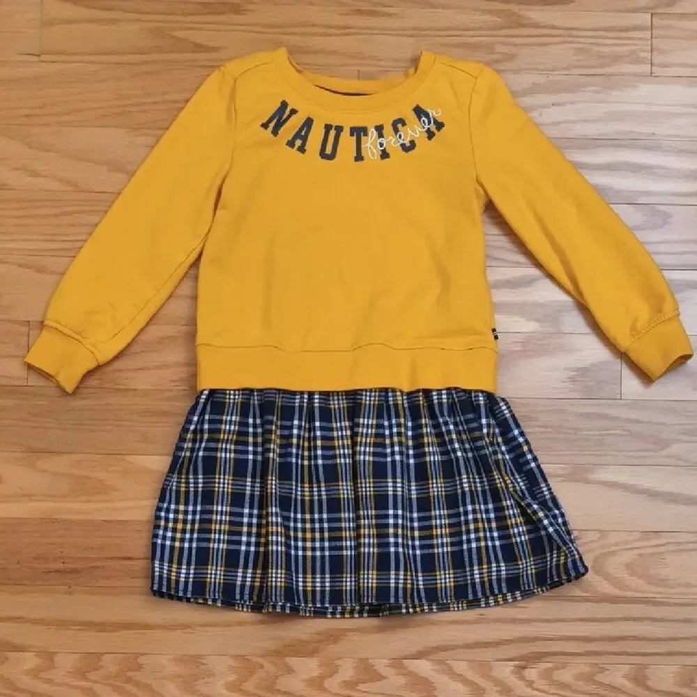 Nautica, Long Sleeve Mustard and Navy Plaid Dress, Size S/7 EUC